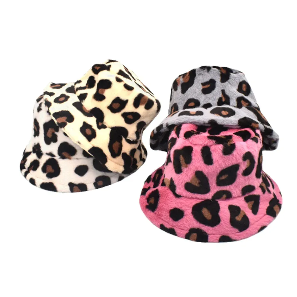 Unisex Plush Soft Warm Casual All-match Cute Leopard Pattern Bucket Hat