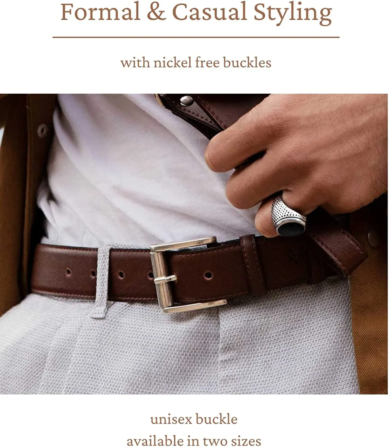 Vegan Faux Leather Belt | Classic Metal Buckle Belts for Men & Women for Trousers | Classic Formal Belt